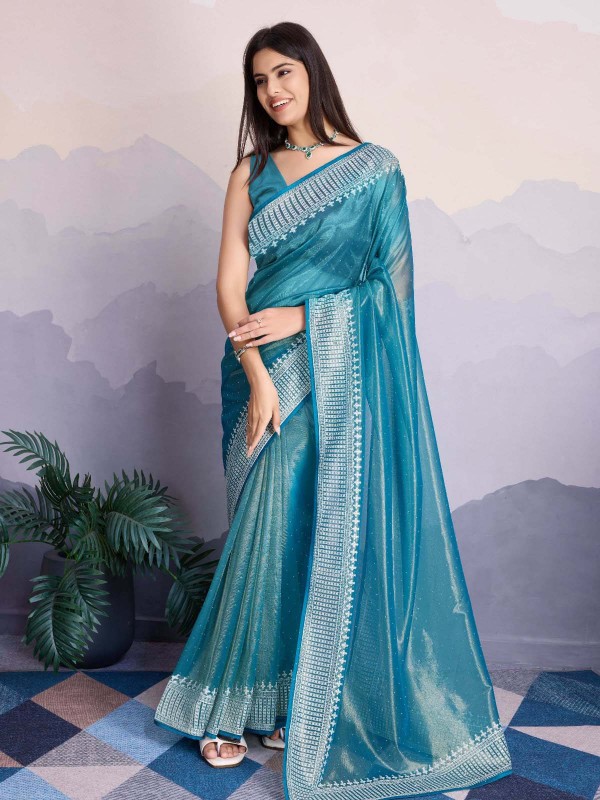 Deep Sky Gold Infused Twill Net Saree